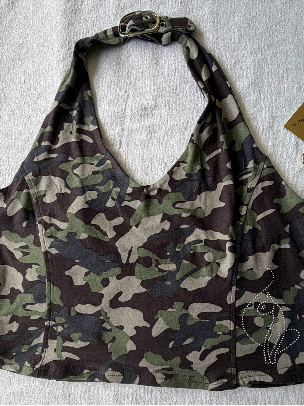 Baby Phat Camo Halter Crop Top - Green, Black, Tan